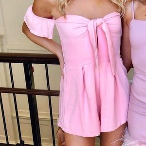 Pink off the shoulder romper with front tie